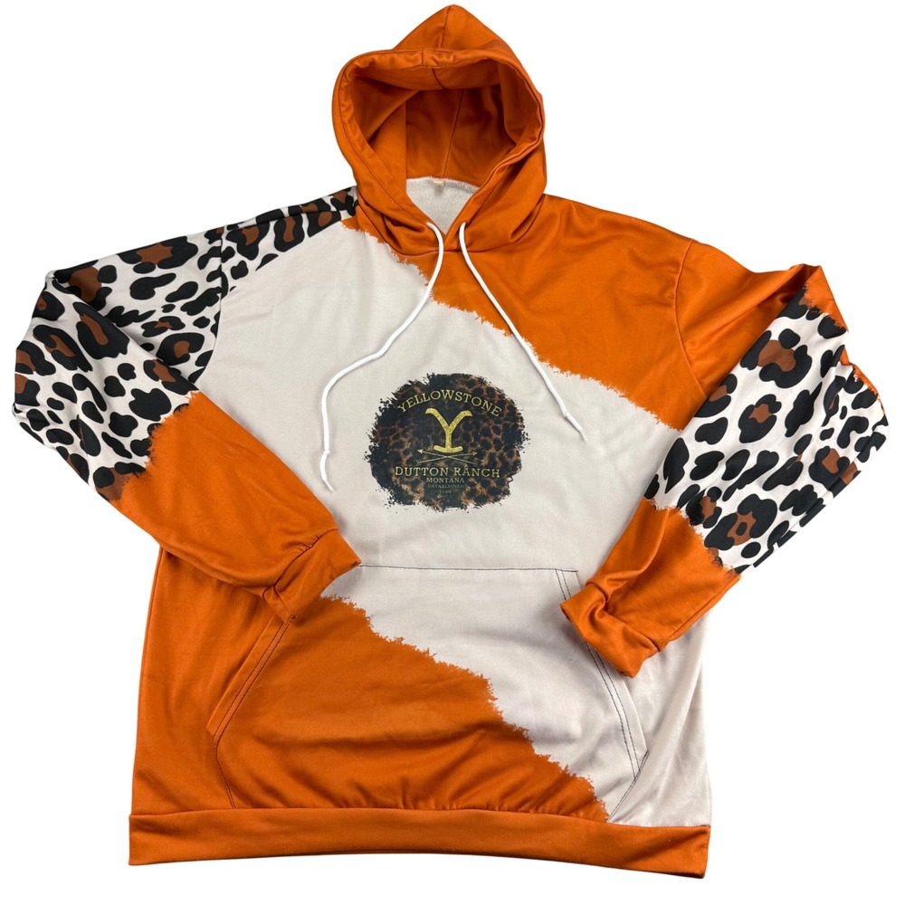 Yellowstone Dutton Ranch Hoodie Leopard Print Orange Cream 2XL Sweatshirt